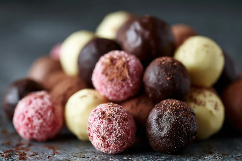 Assorted handmade chocolate truffles and pralines piled loose on a dark surface