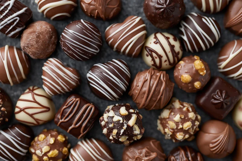 Assorted luxury chocolate pralines and truffles arranged in close-up flat lay on dark textured surface