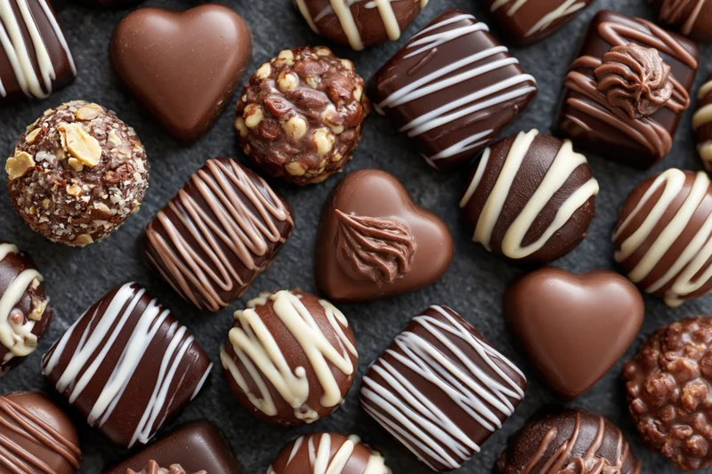 Assorted luxury chocolate pralines and truffles arranged on dark surface with heart shapes and drizzled toppings