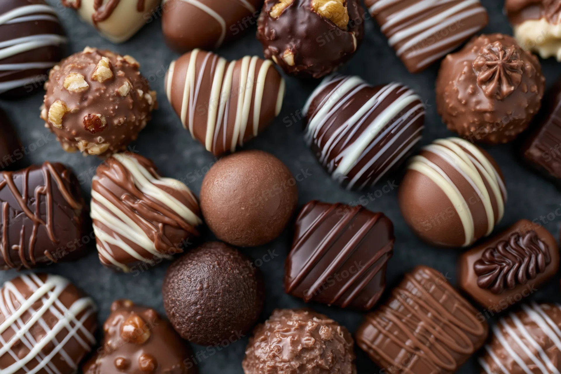 Assorted luxury chocolate pralines and truffles arranged closely on dark surface in top view