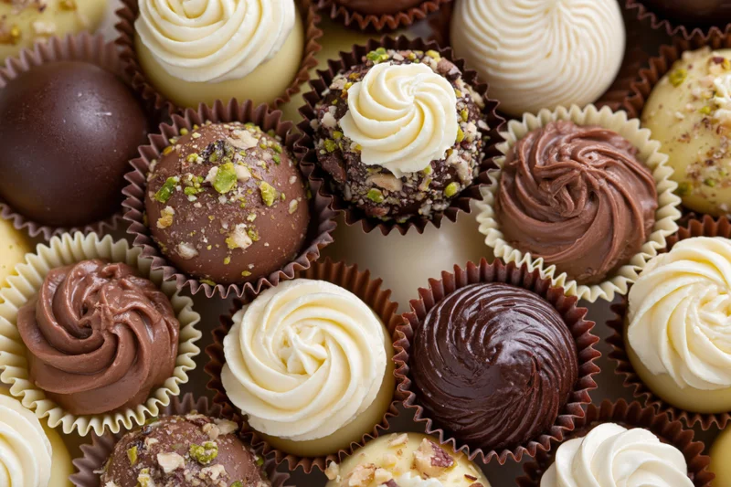 Assorted luxury chocolate pralines and truffles arranged tightly in paper cups with cream swirls and nut toppings