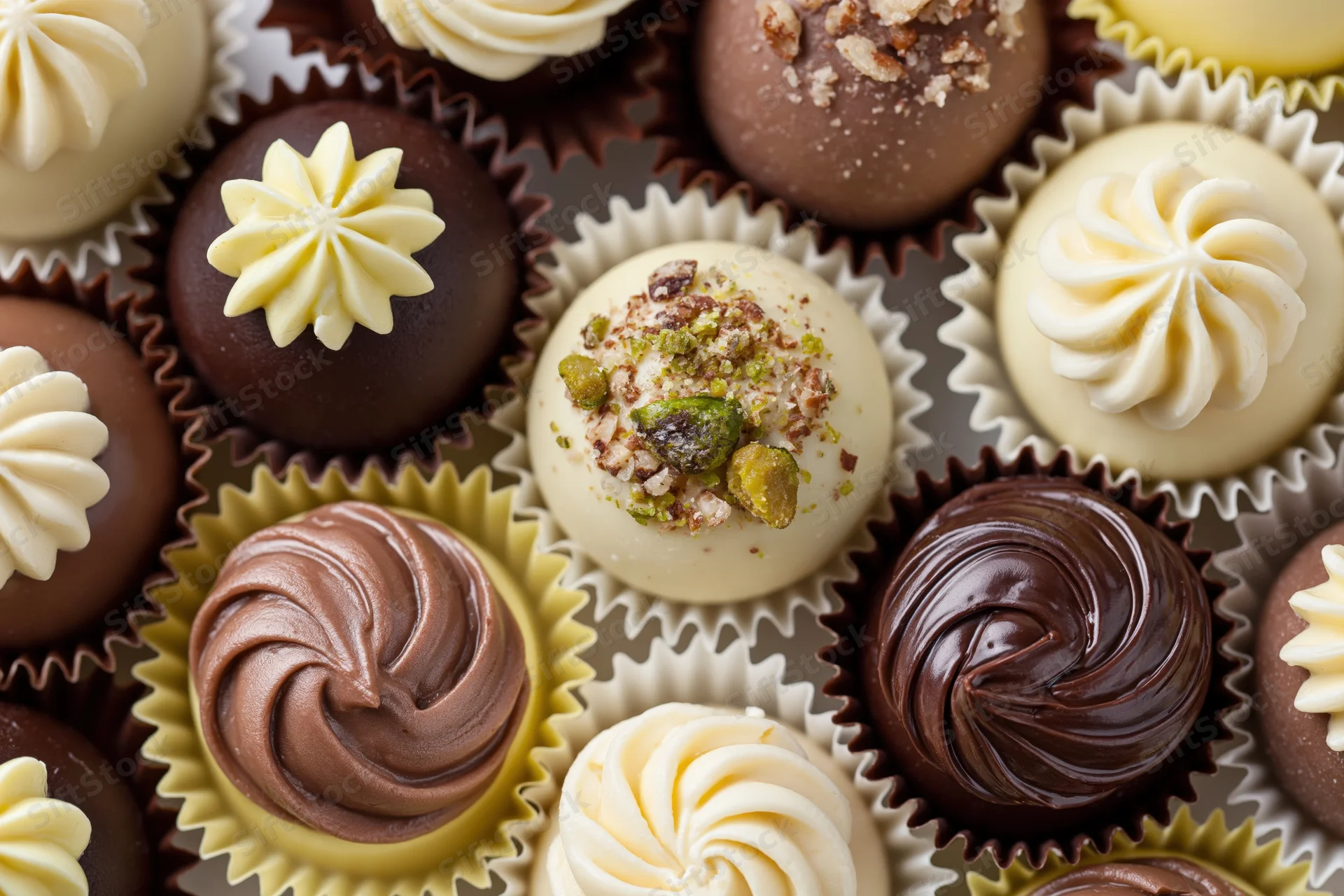 Assorted luxury chocolate pralines and truffles in paper cups arranged closely in a top-down view