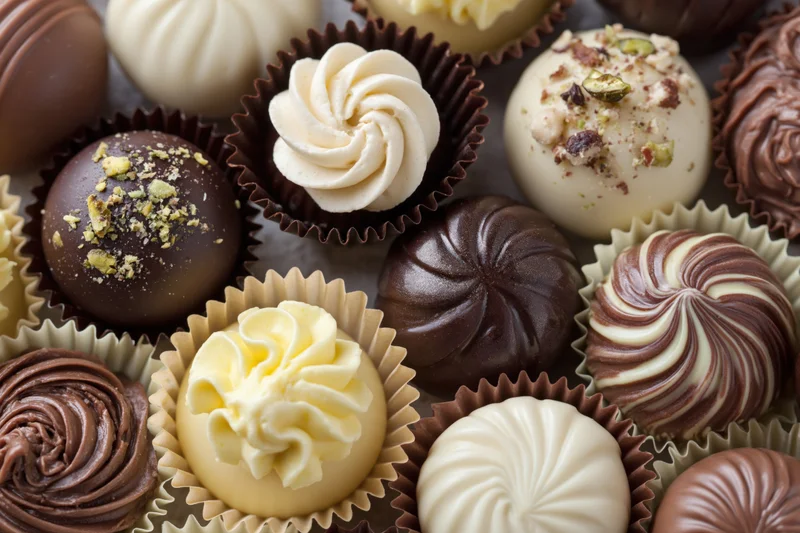 Assorted luxury chocolate pralines and truffles arranged tightly in paper cups with various toppings and swirls