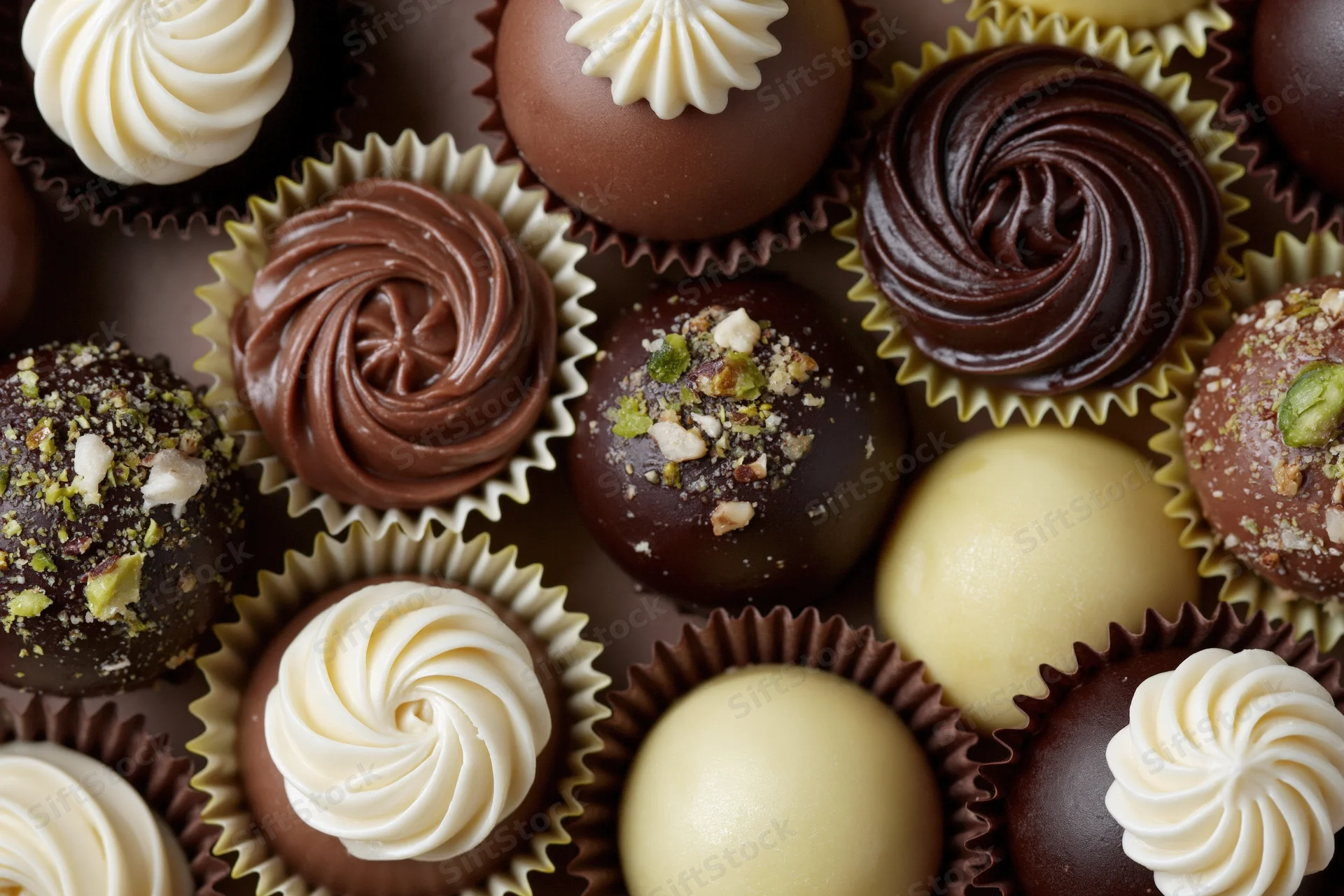 Assorted luxury chocolate pralines and truffles arranged tightly in paper cups, close-up top view