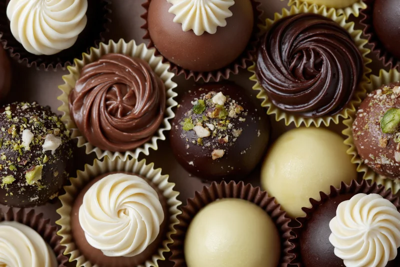 Assorted luxury chocolate pralines and truffles arranged tightly in paper cups, close-up top view