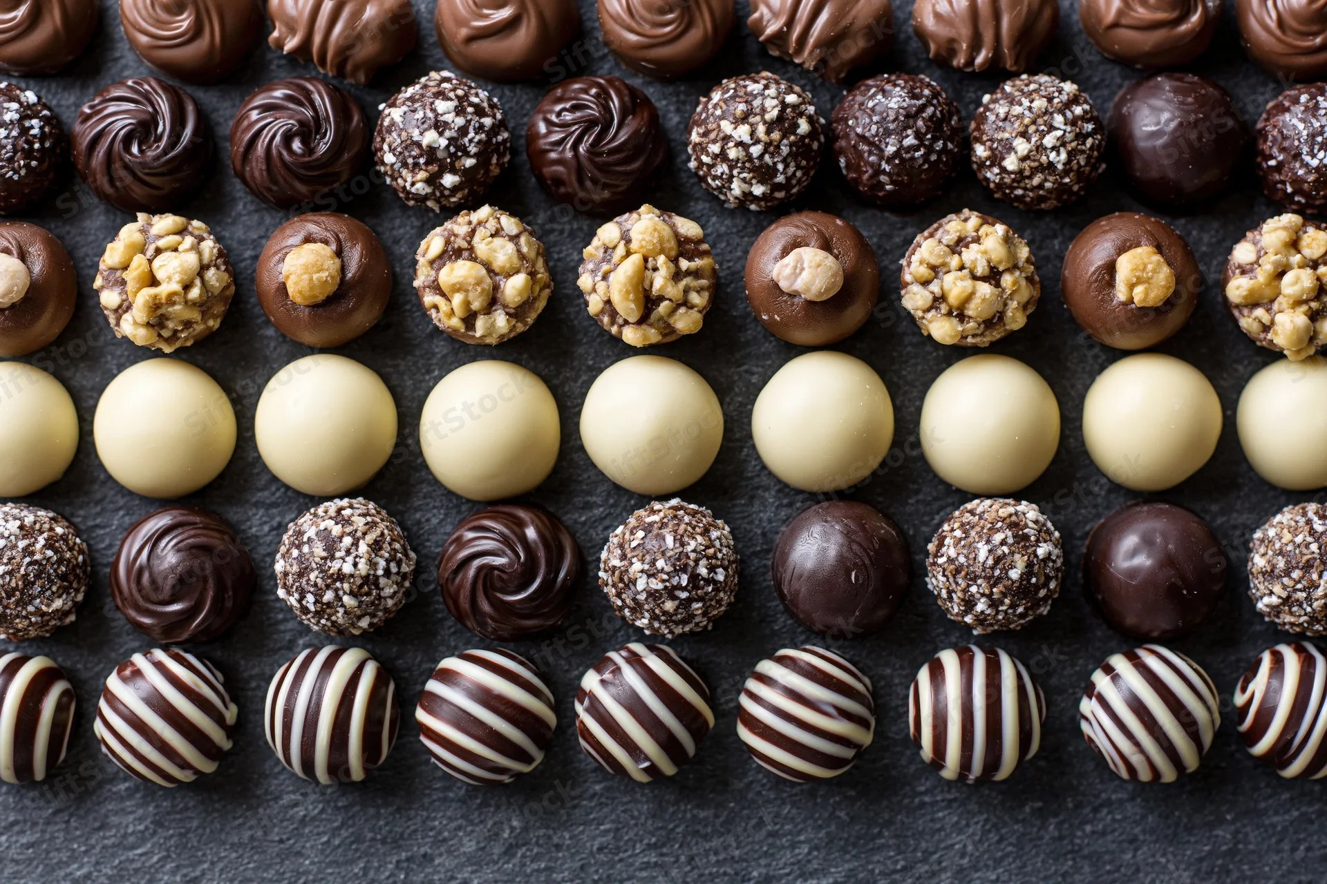 Assorted luxury chocolates and pralines arranged in neat rows on dark surface