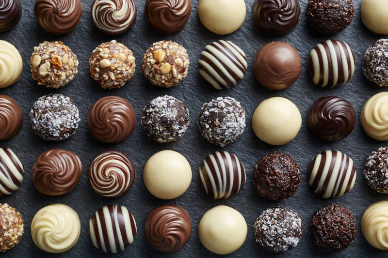 Assorted luxury chocolates and pralines arranged in neat rows on dark surface