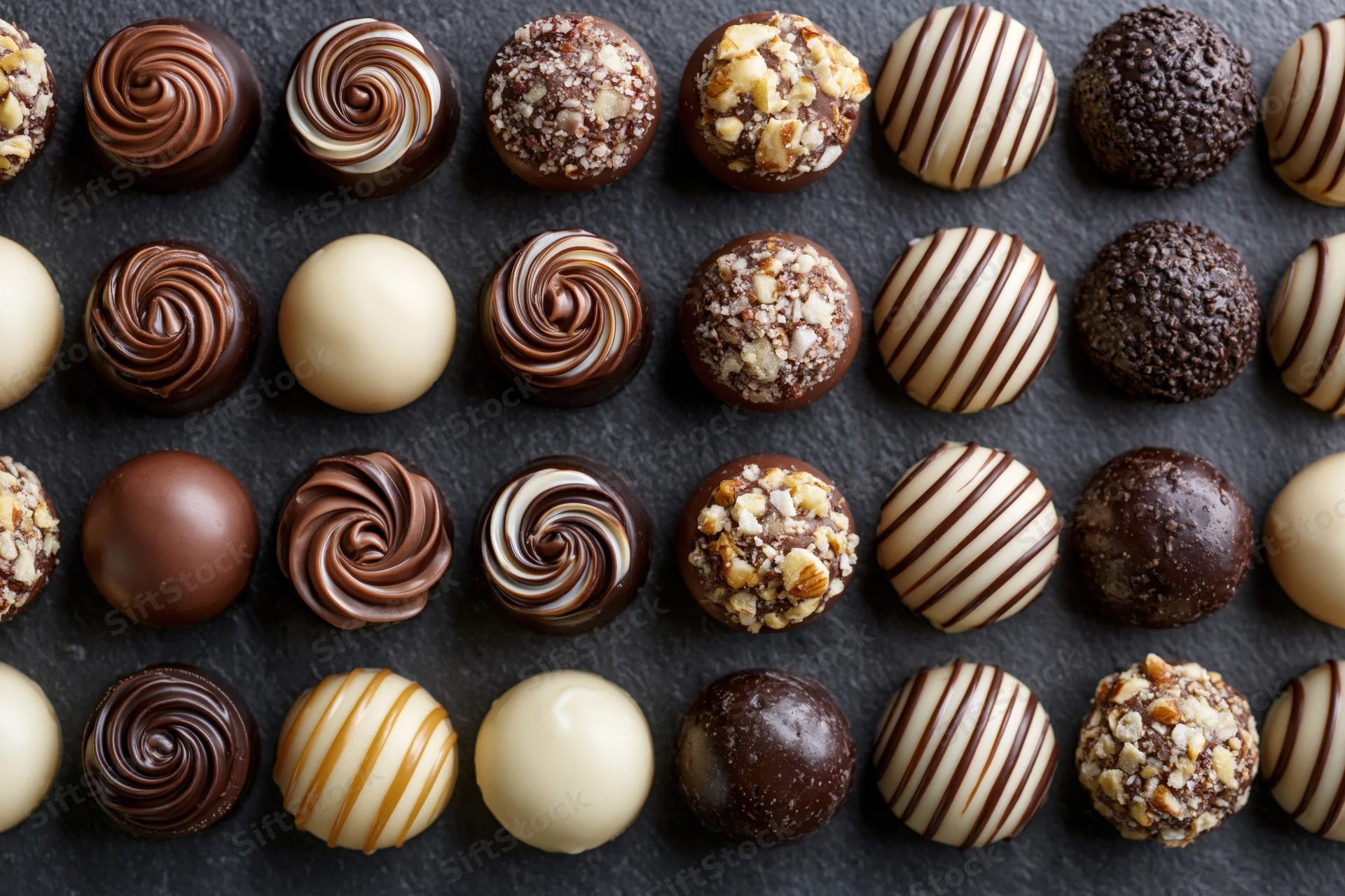Assorted luxury chocolates and pralines arranged in neat rows on dark surface