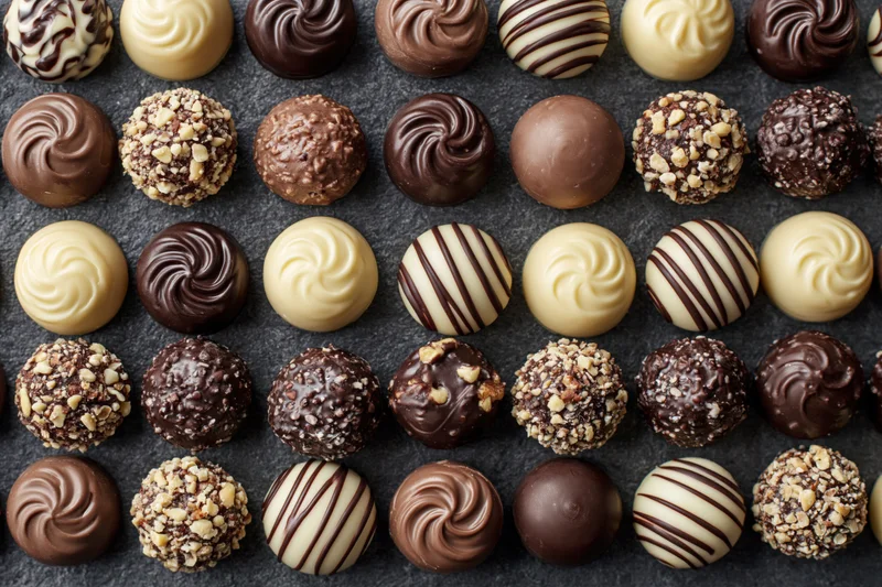 Assorted luxury chocolates and pralines arranged in neat rows on dark surface