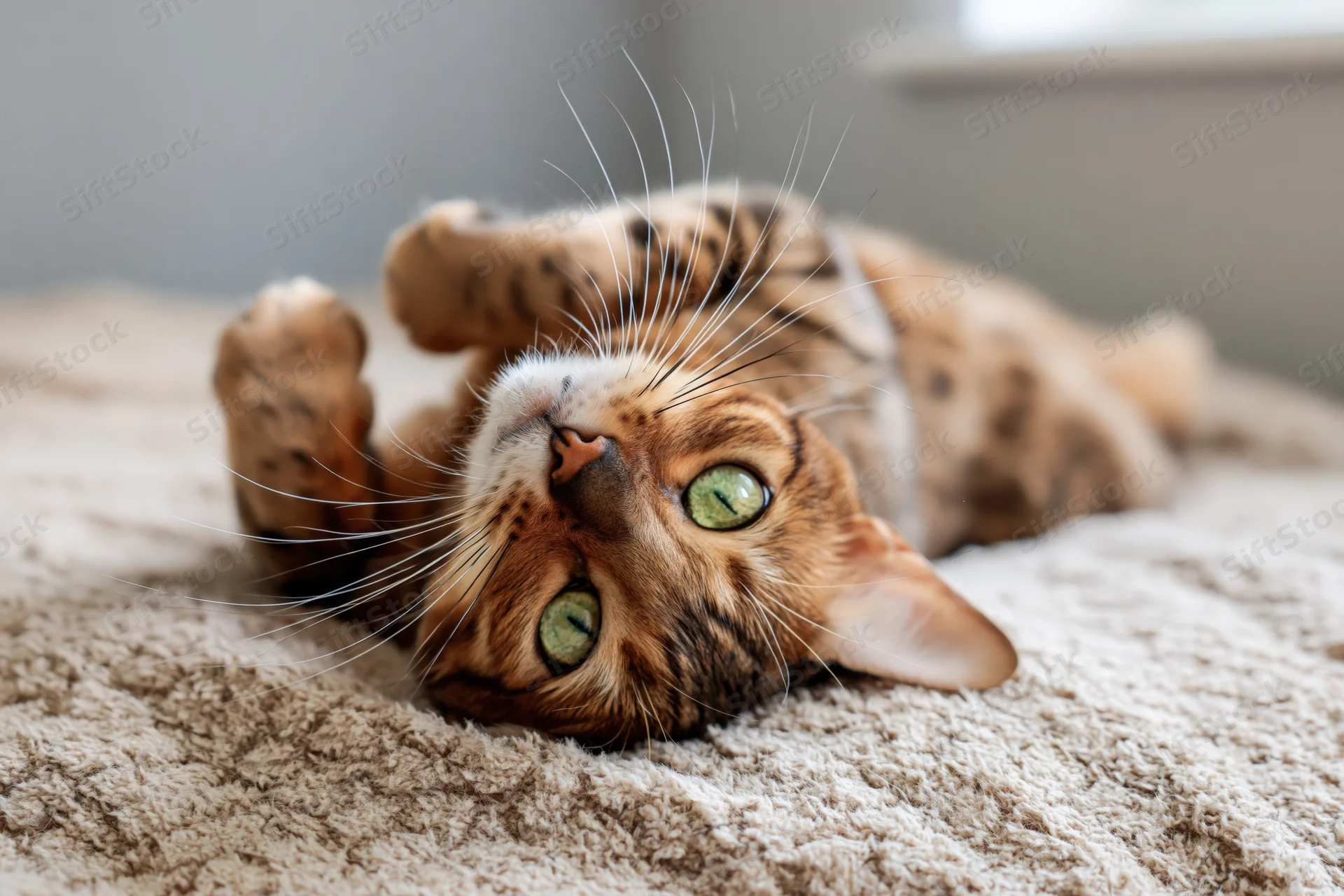 Bengal tabby cat lying on its back on a beige carpet with paws raised and green eyes looking up