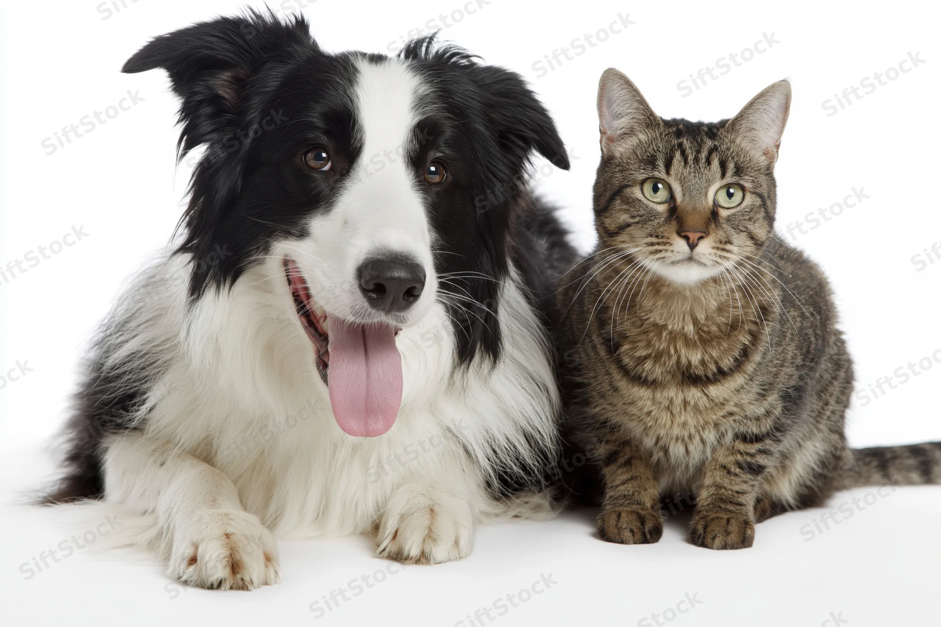 Black and white border collie lying with tongue out beside a tabby cat on white background