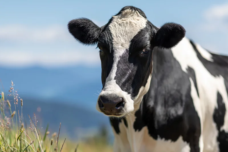 Black and white holstein cow facing camera in a grassy pasture with mountains in the background