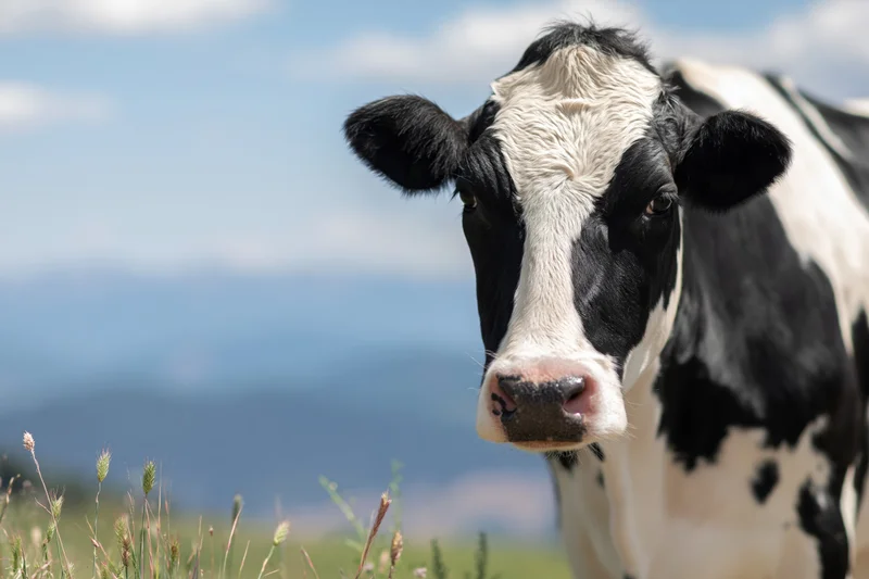 Black and white holstein cow facing camera in a grassy pasture under a blue sky
