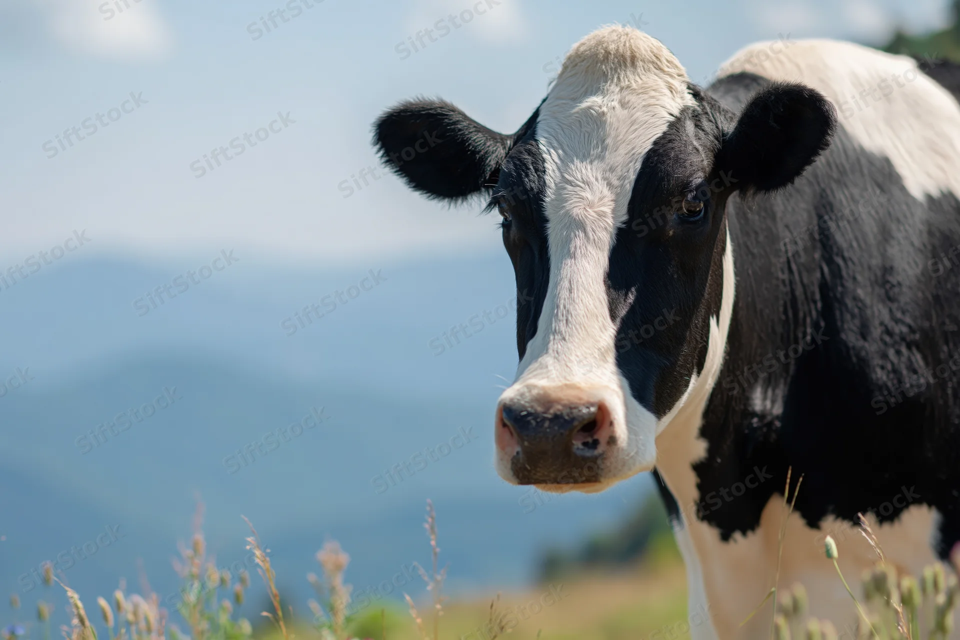 Black and white holstein cow facing camera in a grassy pasture with mountains in the background