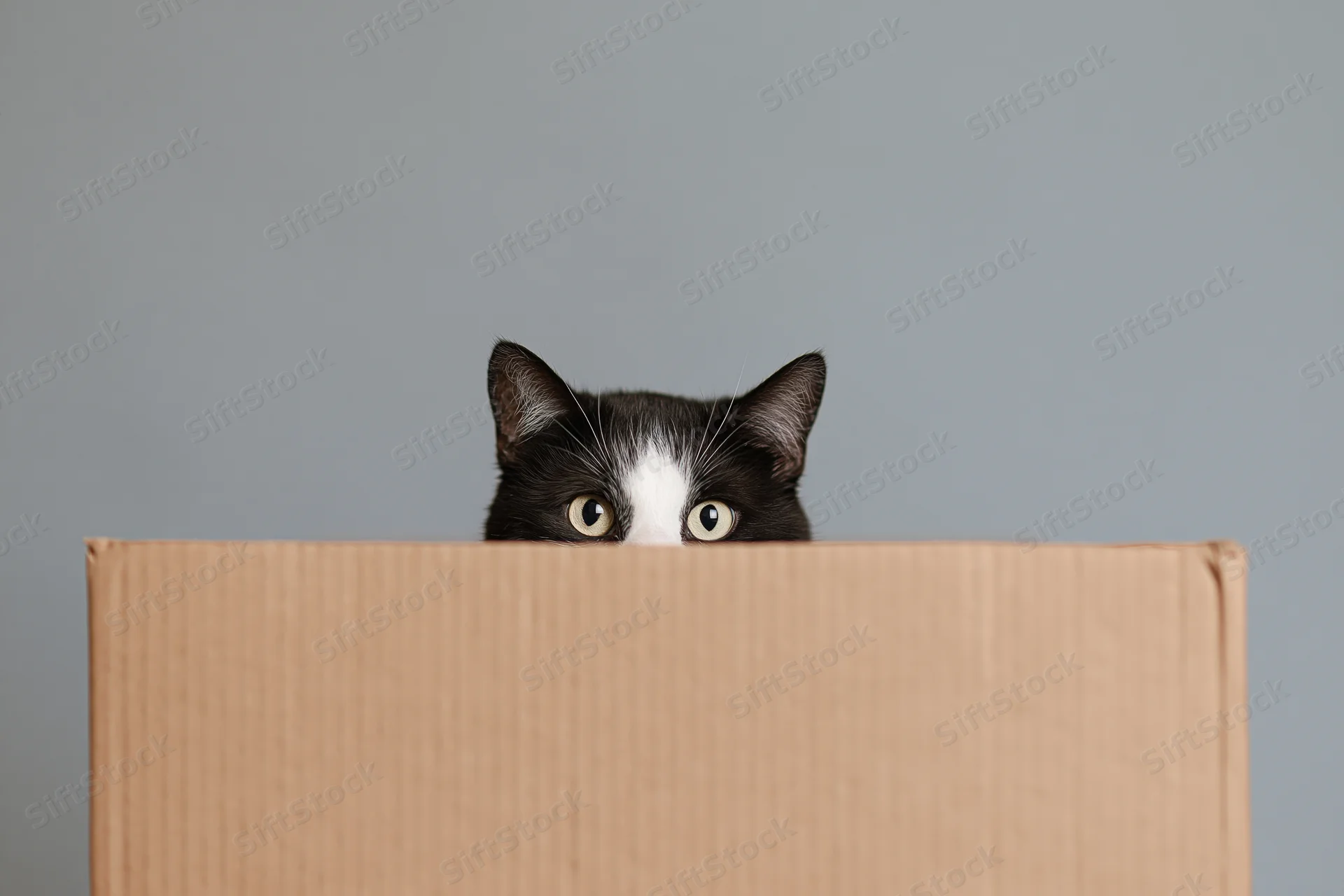Black and white tuxedo cat peeking over edge of cardboard box against gray background