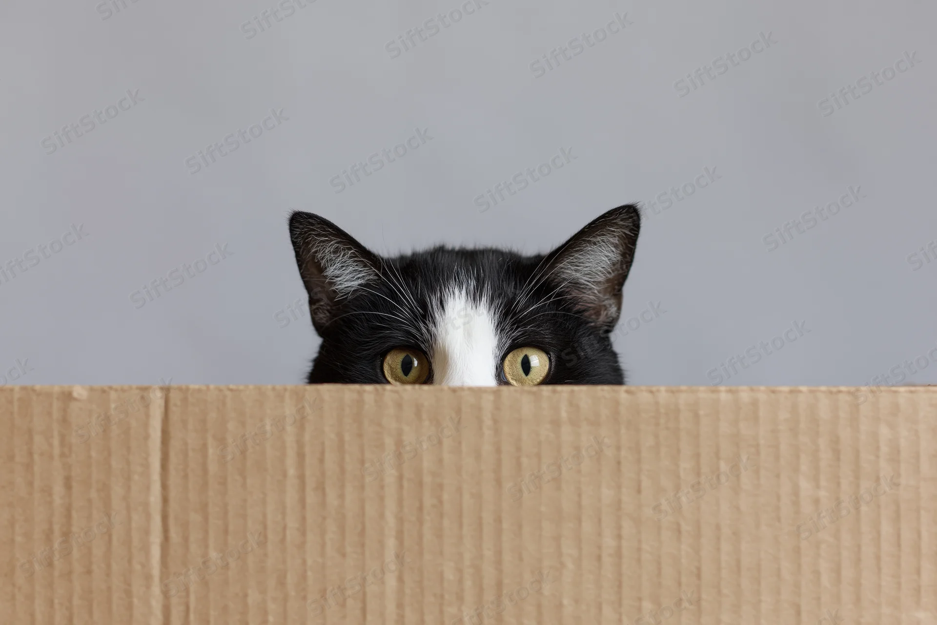 Tuxedo cat peeking over edge of cardboard box indoors