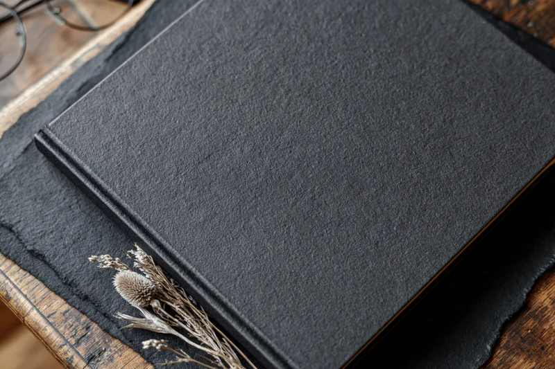 Black hardcover notebook with textured matte surface resting on dark paper atop wooden table with dried flowers nearby