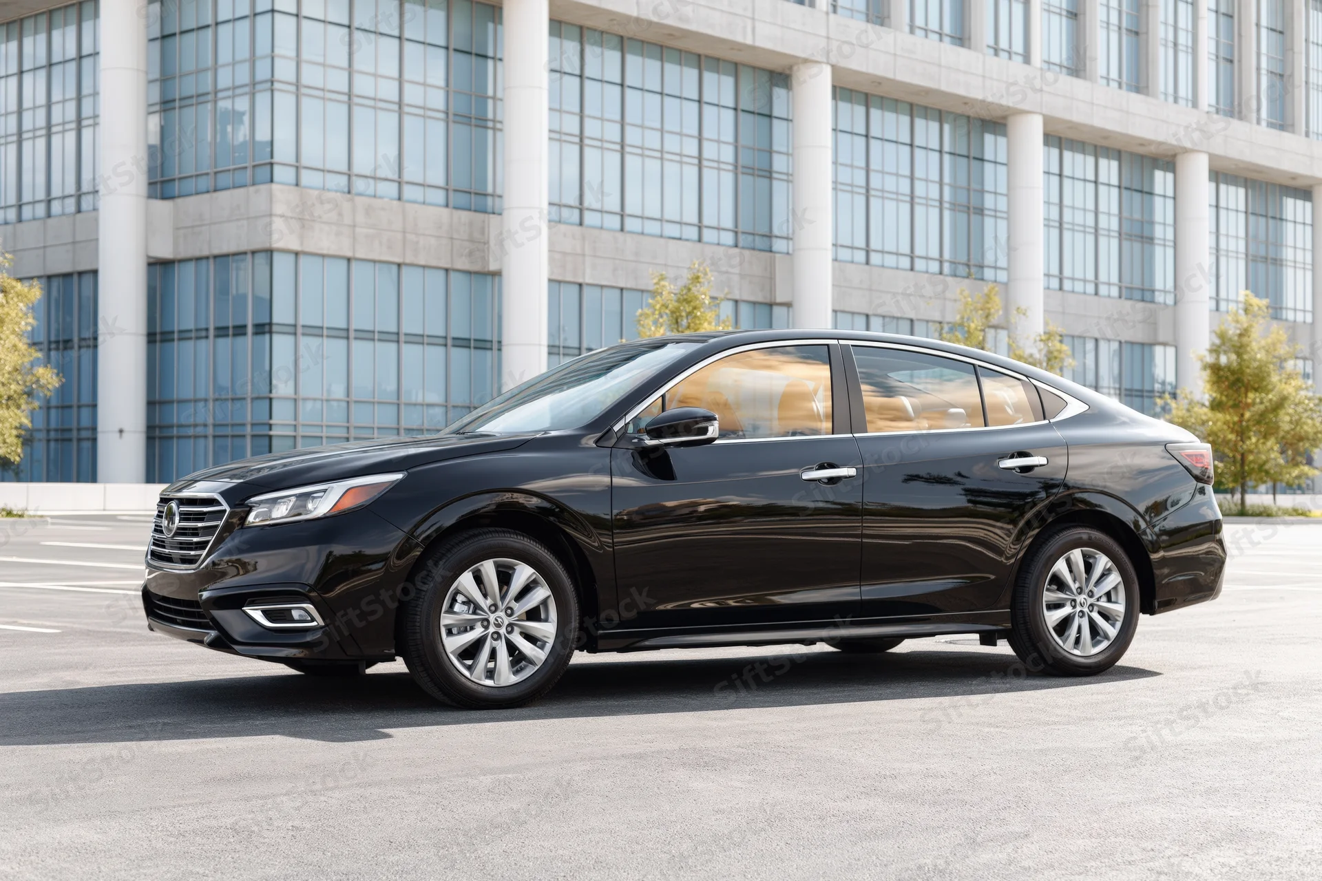 Black midsize executive sedan parked in asphalt lot beside modern office building