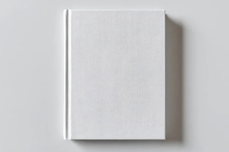 Blank white hardcover book lying flat on light gray surface