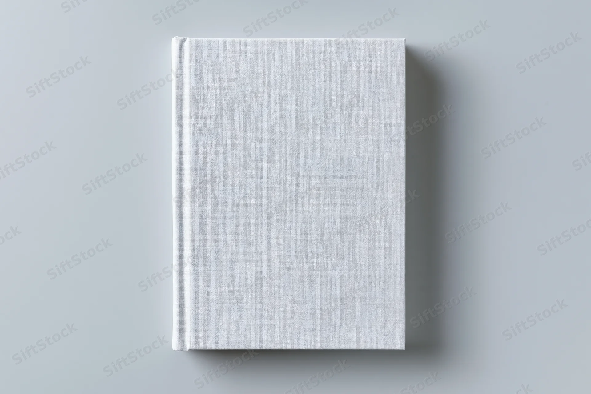 Blank white hardcover book lying flat centered on light gray surface