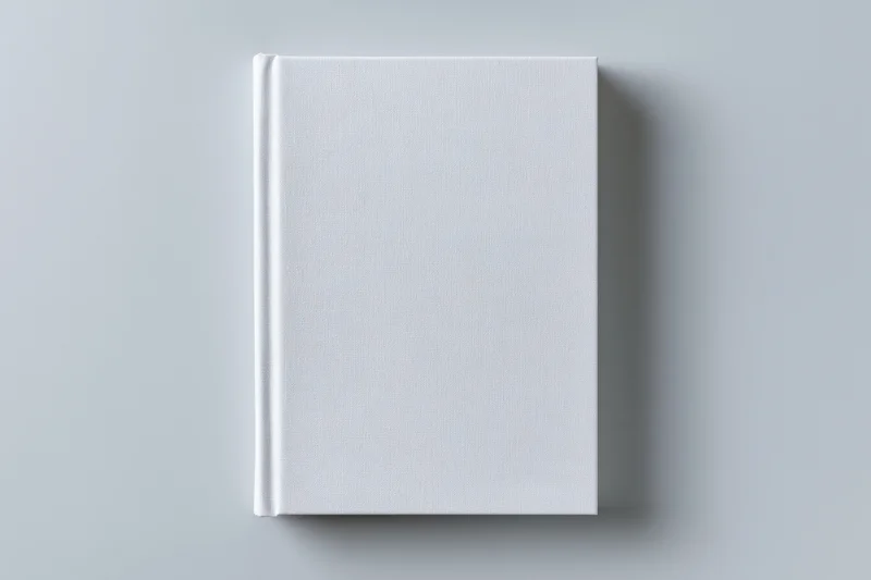 Blank hardcover book lying flat centered on gray background