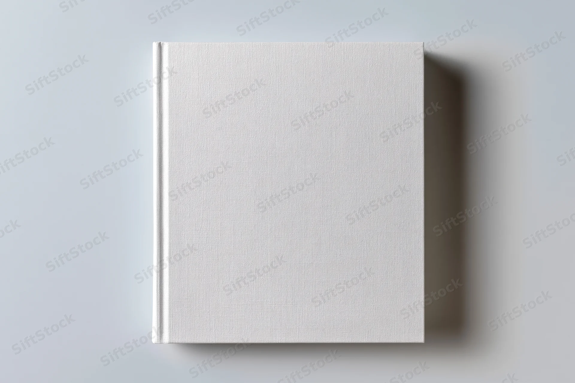 Blank white hardcover book lying flat on light gray surface
