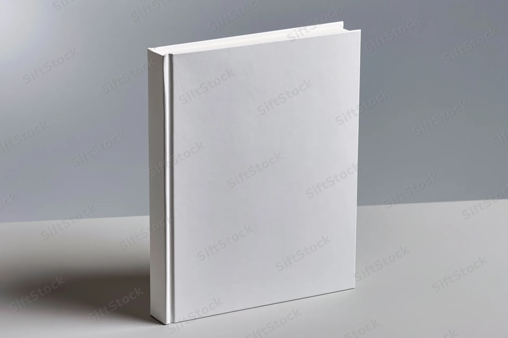 Blank white hardcover book standing upright on a gray surface
