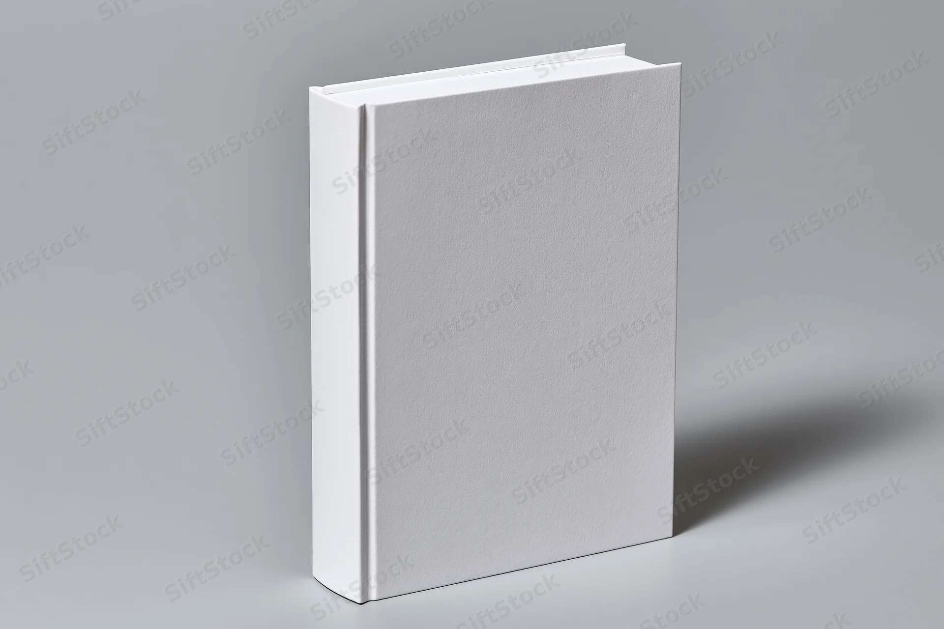 Blank white hardcover book standing upright at slight angle on gray surface