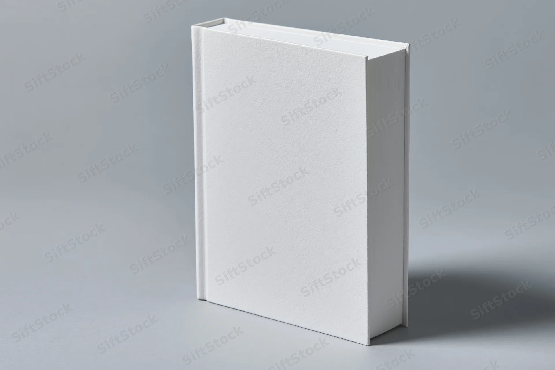 Blank white hardcover book standing upright at slight angle on gray surface