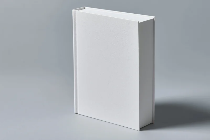 Blank white hardcover book standing upright at slight angle on gray surface