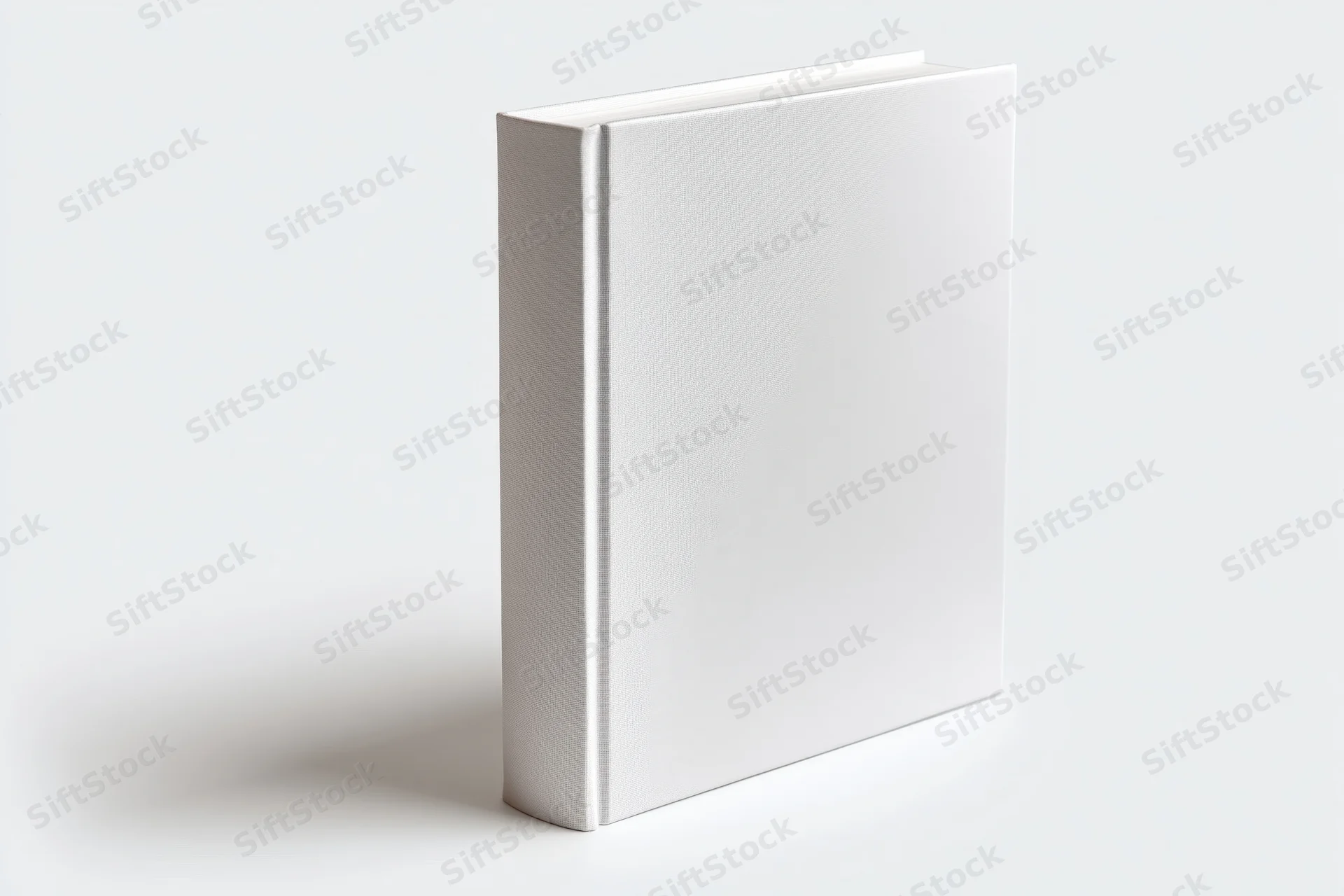Blank white hardcover book standing upright on a plain white surface