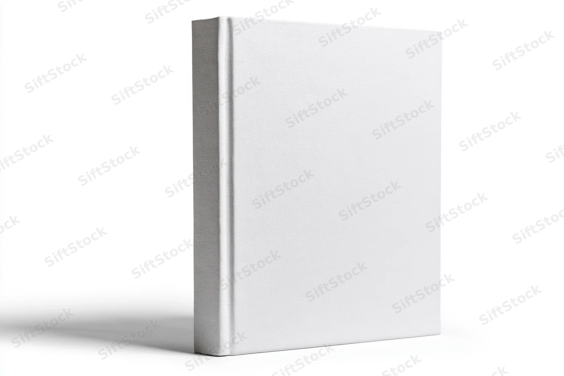 Blank white hardcover book standing upright in threequarter view against white background