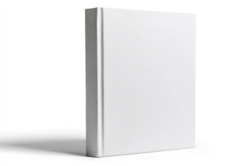 Blank white hardcover book standing upright in threequarter view against white background