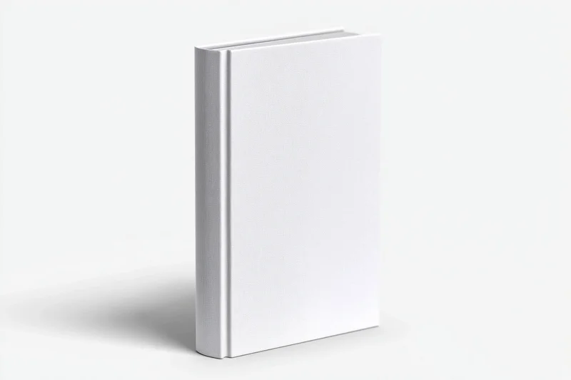 Blank white hardcover book standing upright on a plain white surface