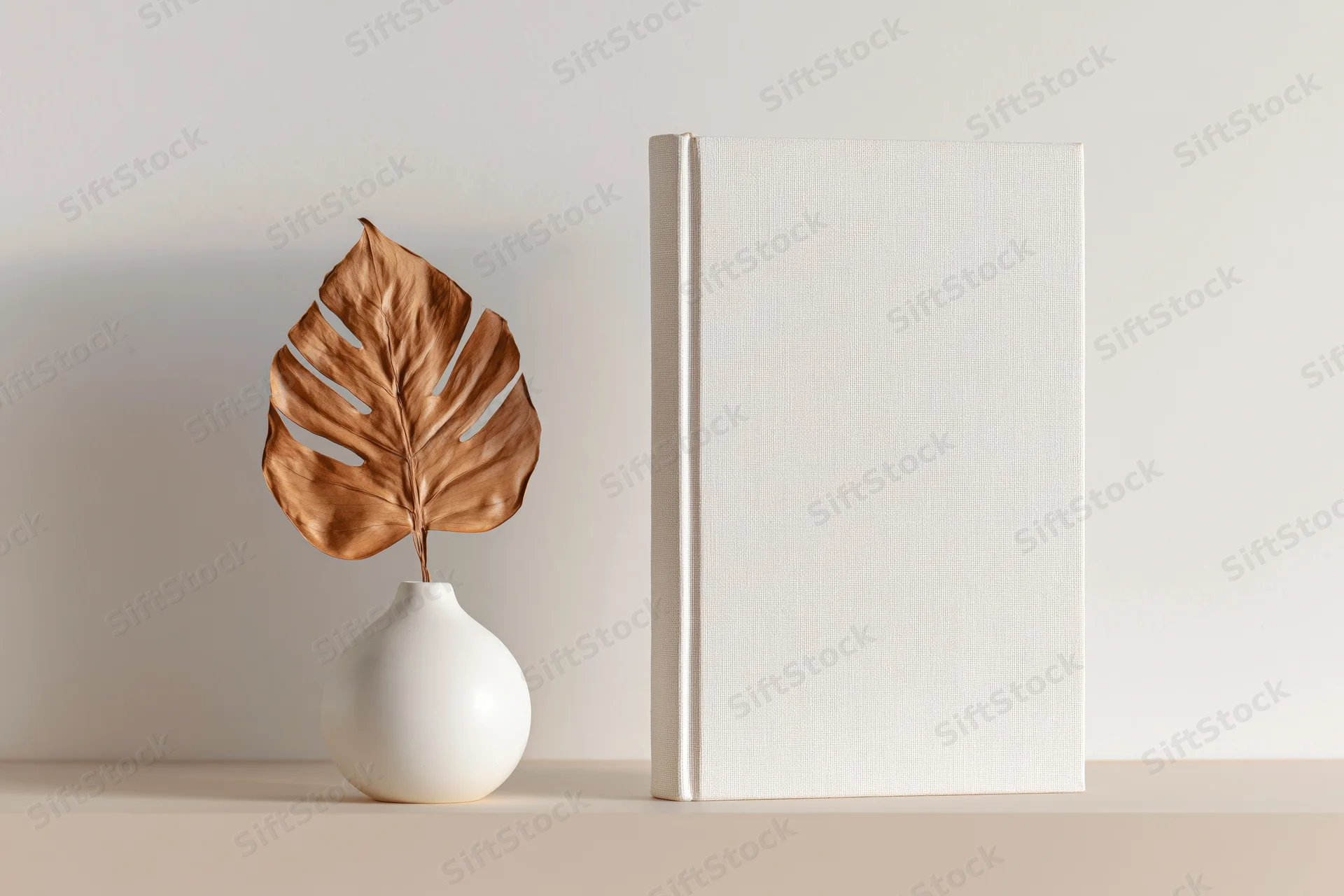 Blank white hardcover book standing upright next to a vase with a dried monstera leaf on a beige shelf