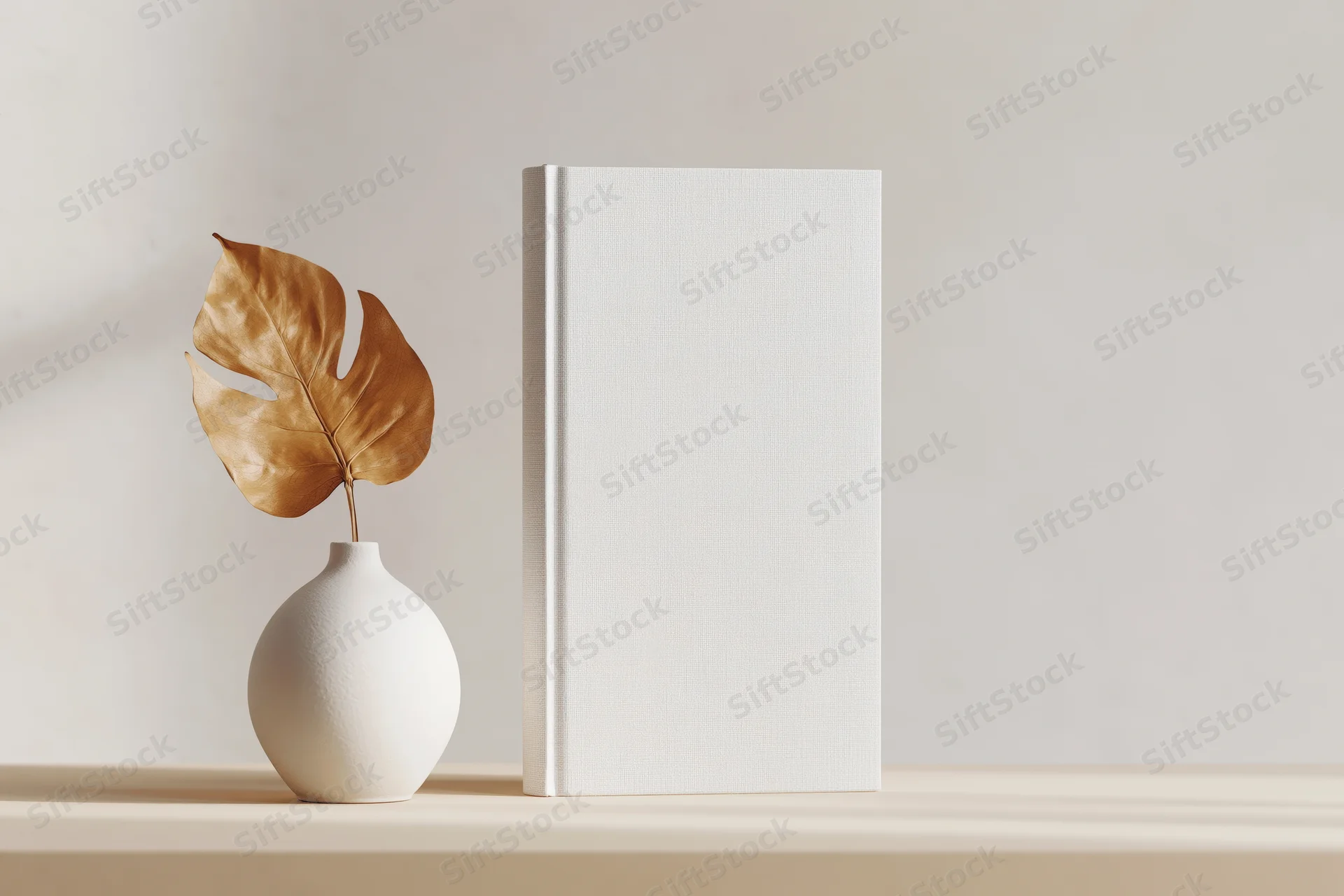 Blank white hardcover book standing upright next to a small white vase with a dried monstera leaf on a light beige surface