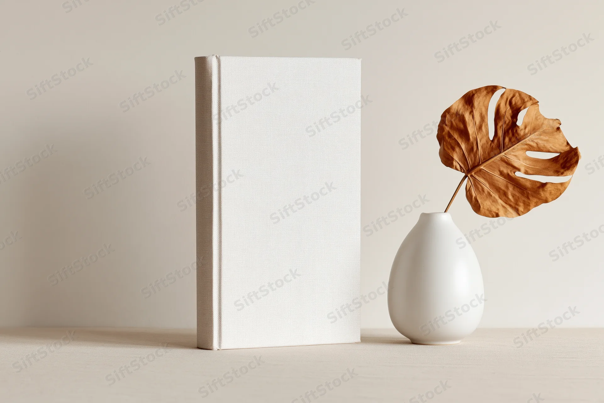Blank white hardcover book standing upright next to a white vase with a dried monstera leaf on a light beige surface