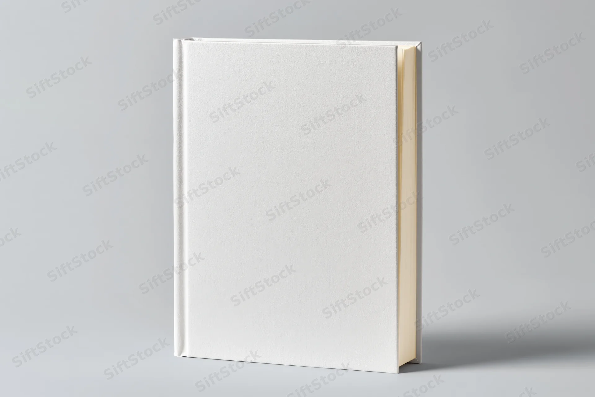 Blank white hardcover book standing upright on light grey surface
