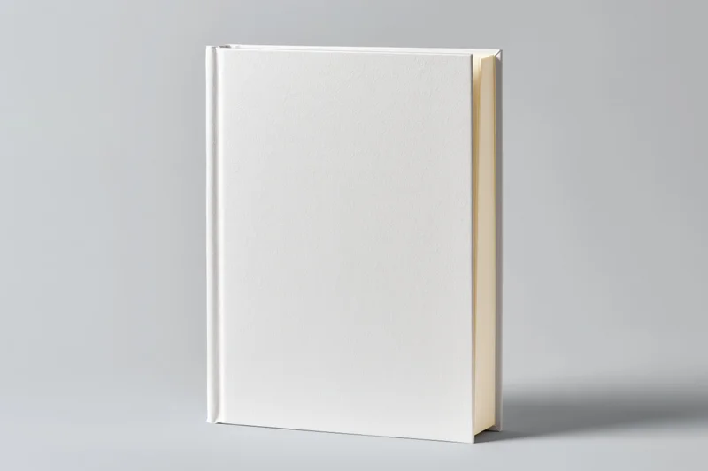 Blank white hardcover book standing upright on light grey surface