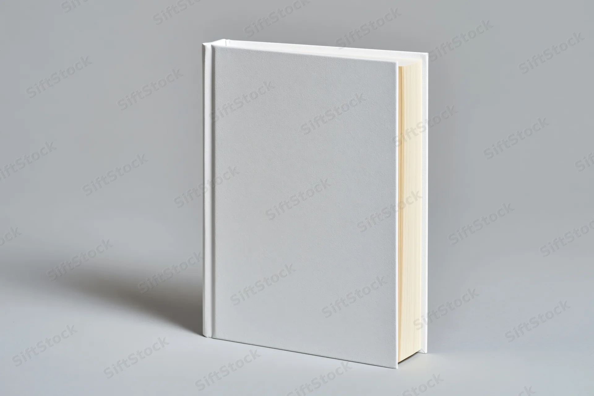 Blank white hardcover book standing upright on a light gray surface