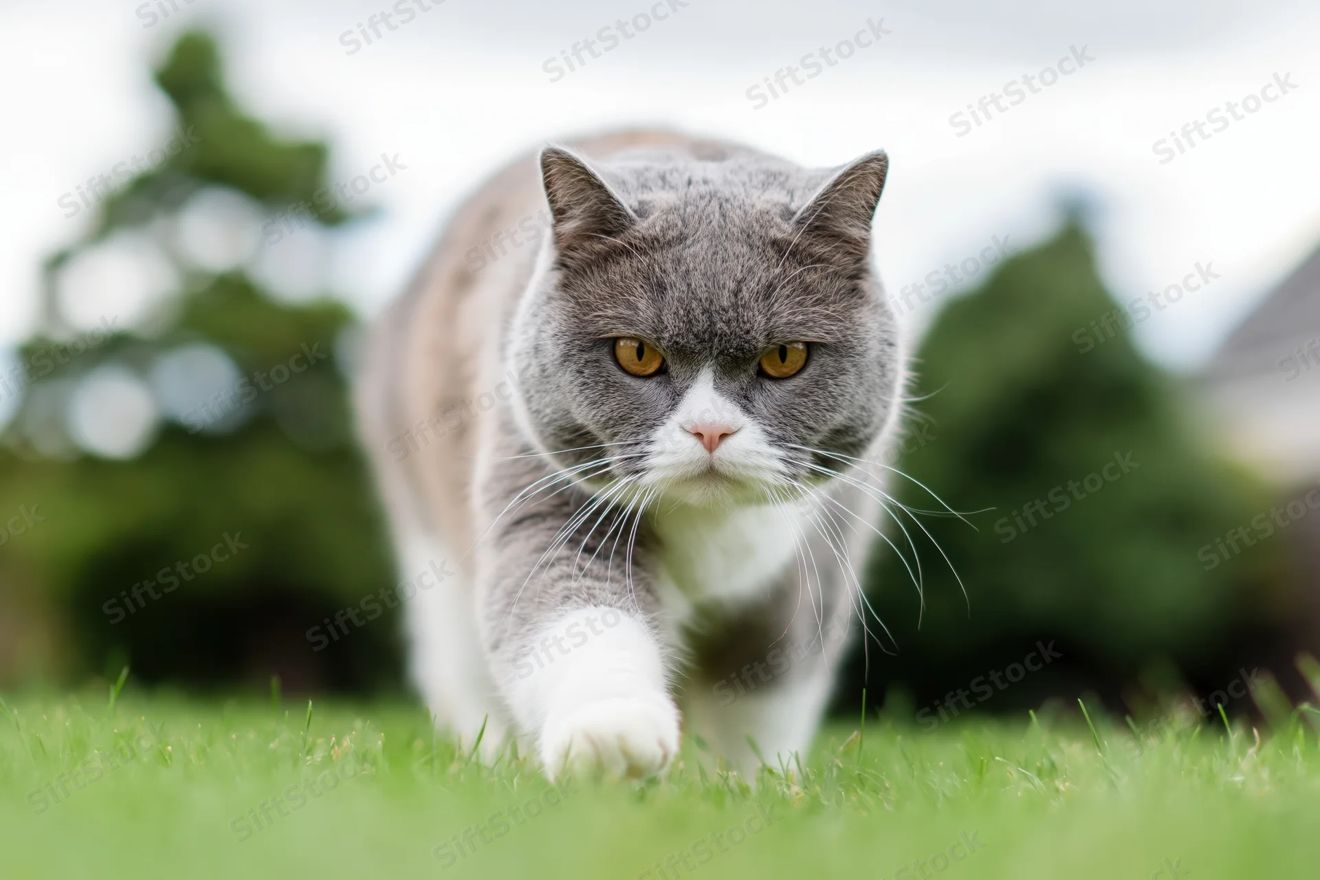 Gray and white british shorthair cat walking toward camera on green grass in garden