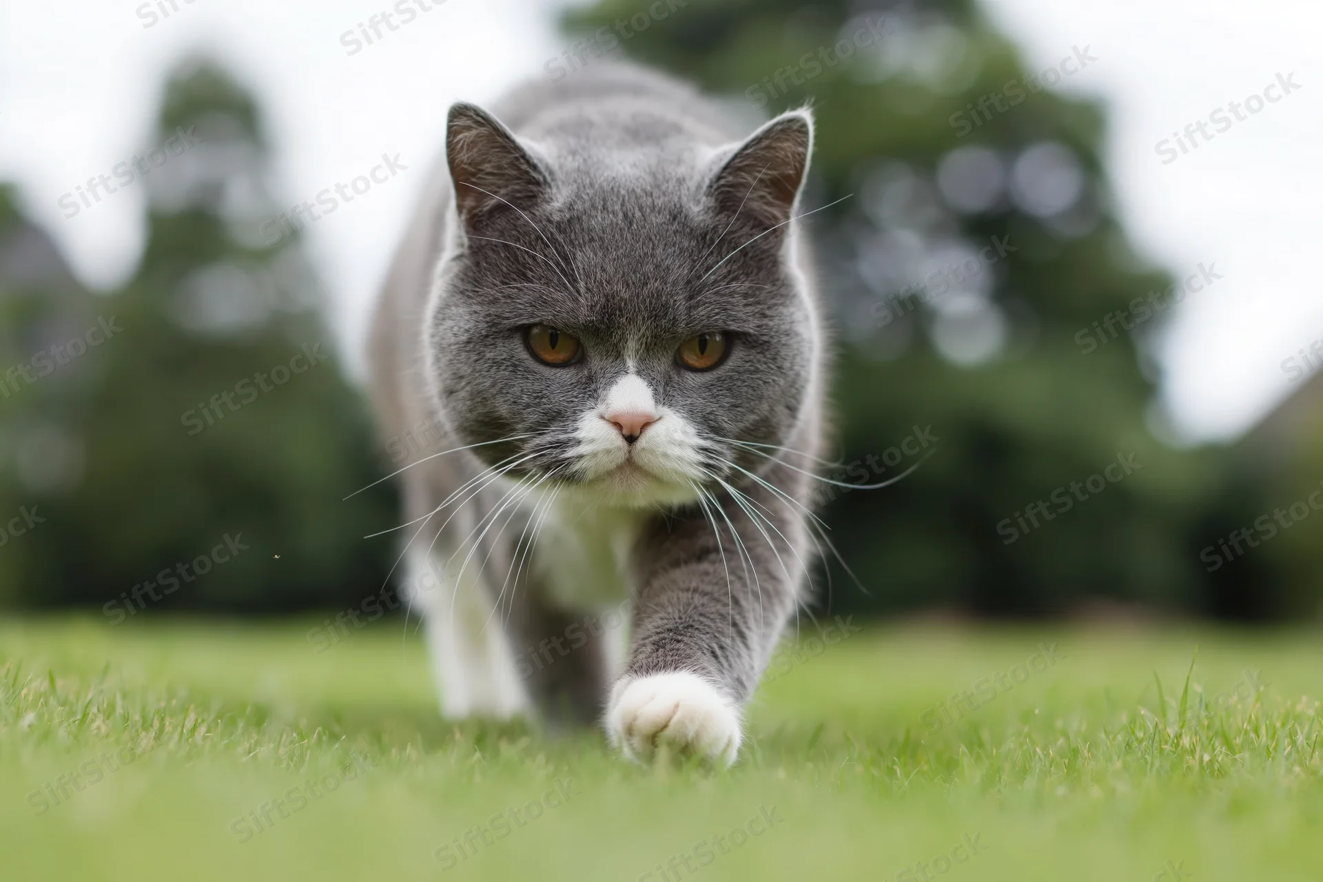 Gray and white british shorthair cat walking toward camera on green grass in outdoor setting