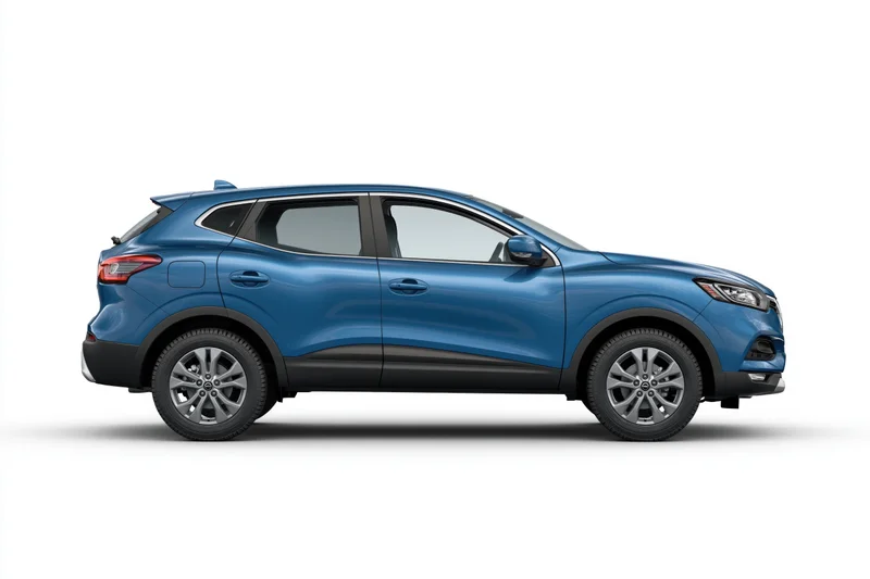 Blue compact suv in side profile view against white background