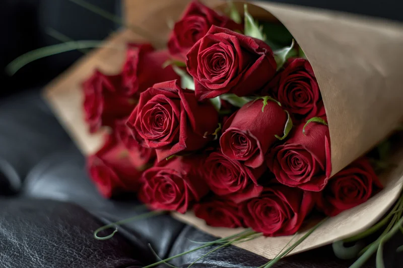 Bouquet of deep red roses wrapped in kraft paper cone resting on dark leather surface