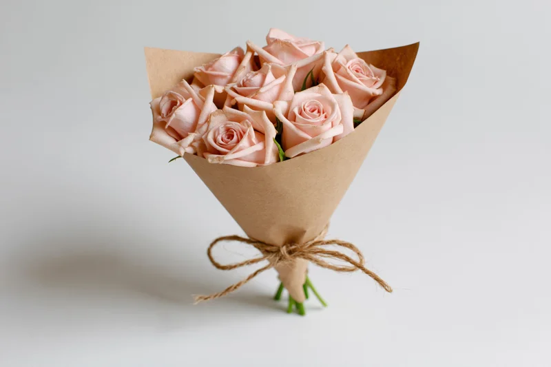 Bouquet of soft pink roses wrapped in kraft paper cone tied with twine on white background