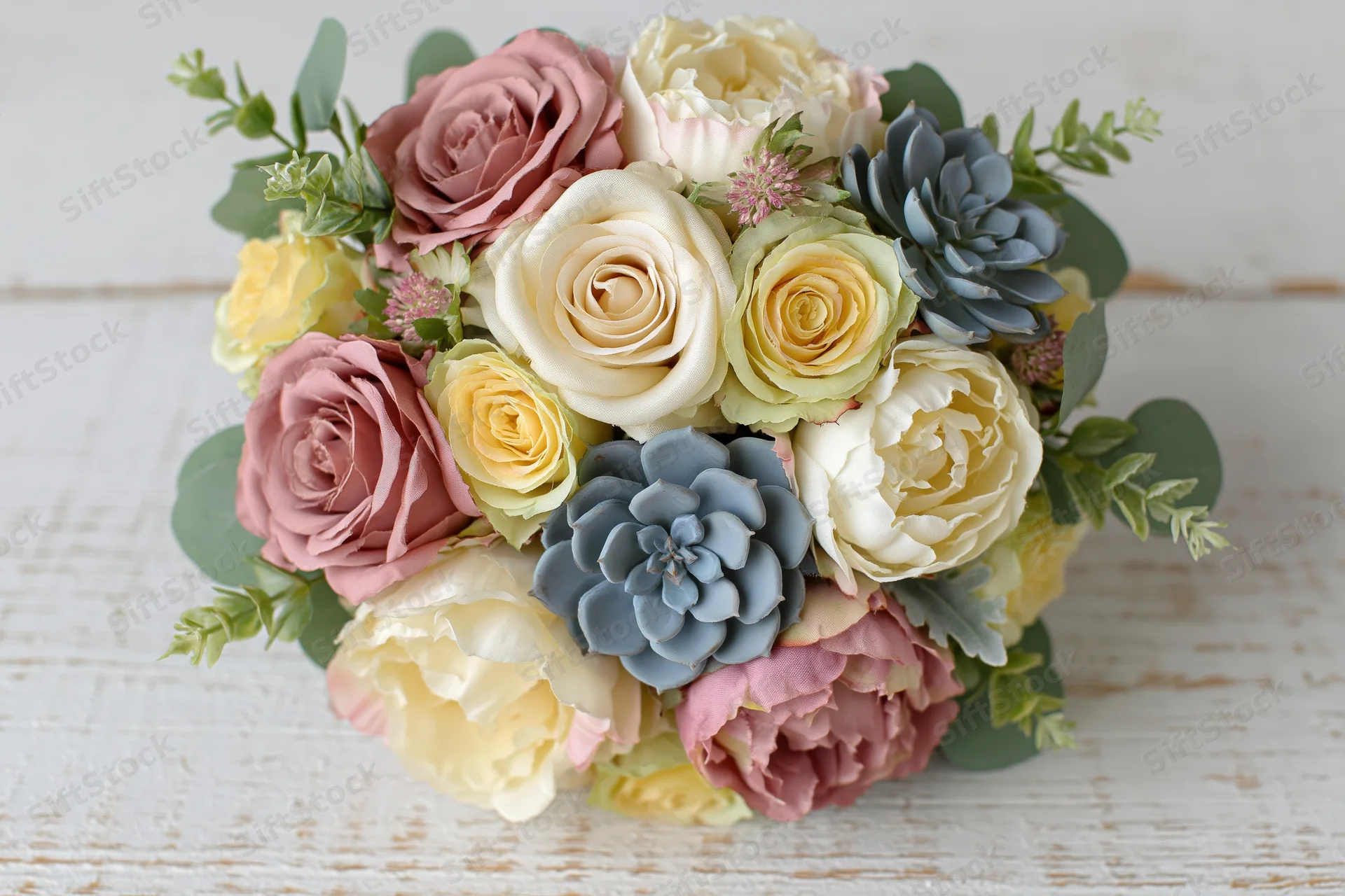 Bridal bouquet with roses and succulents arranged on a white wooden surface viewed from above