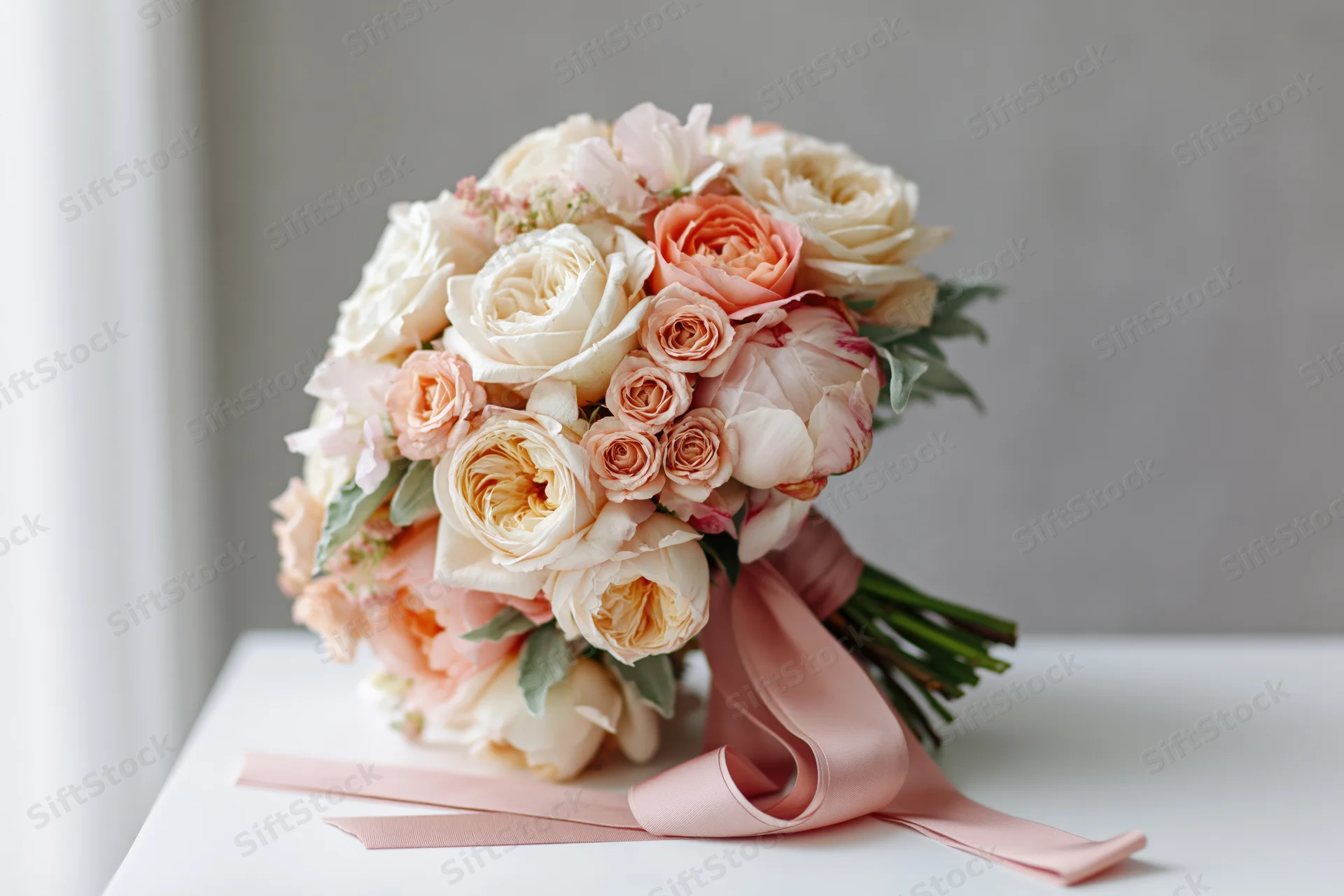 Bridal bouquet of garden roses, peonies and spray roses on a white surface with pink ribbon