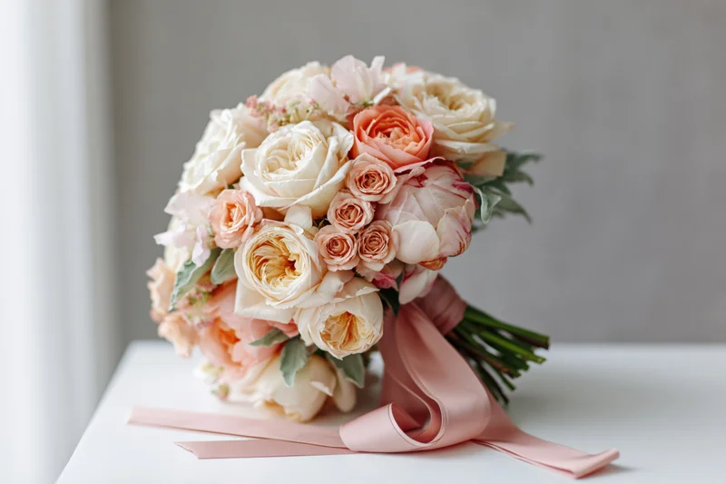 Bridal bouquet of garden roses, peonies and spray roses on a white surface with pink ribbon