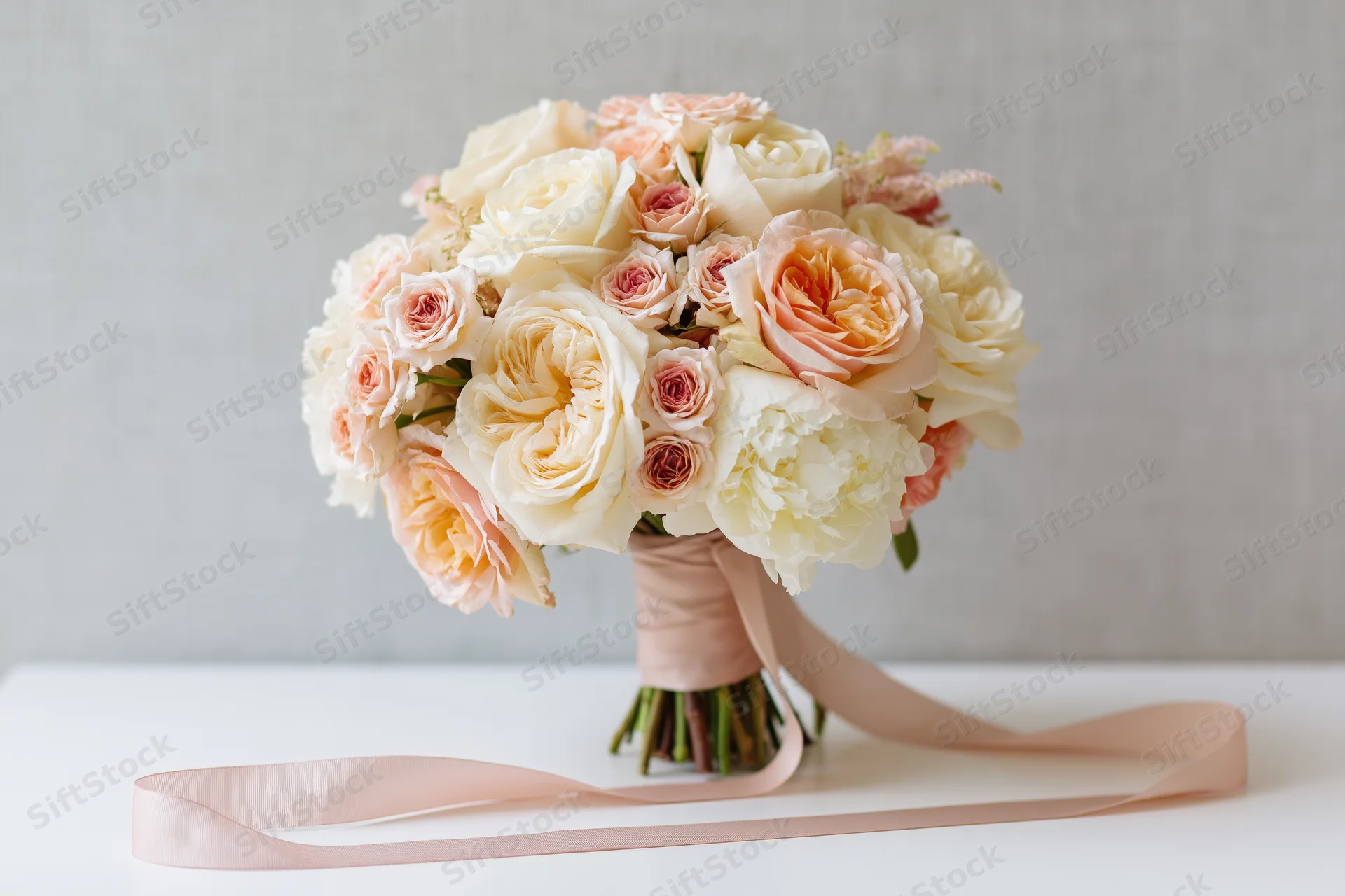 Bridal bouquet of garden roses and peonies with blush ribbon on white surface