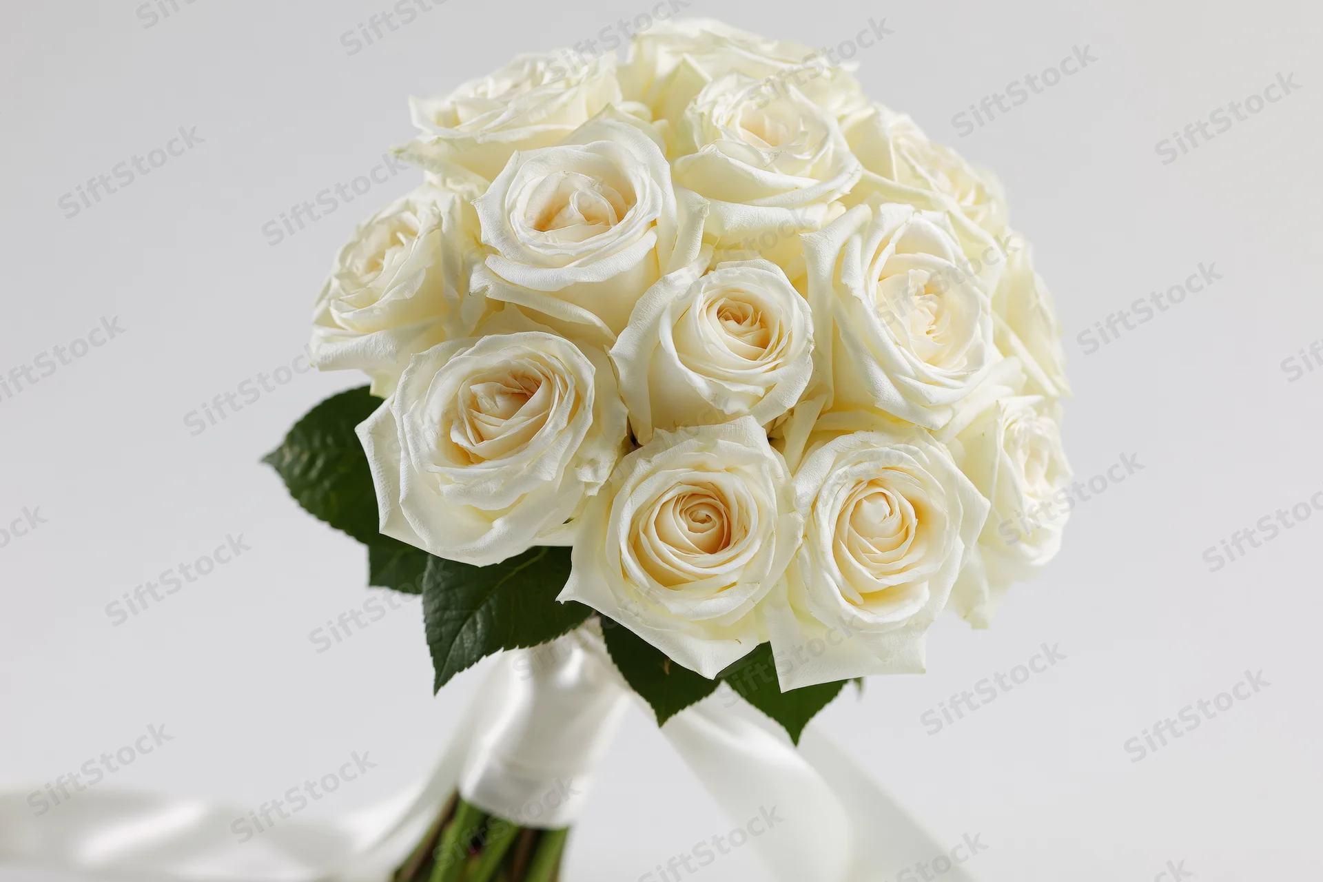 Bridal bouquet of tightly clustered white roses with green leaves and white ribbon, held upright against white background
